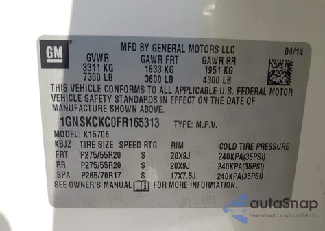 2015 Chevrolet Tahoe Ltz z USA, uszkodzony, nr VIN 1GNSKCKC0FR165313